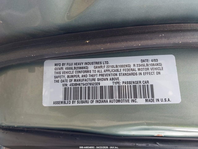 Aukcja sprzedaży 2003 Subaru Outback, vin: 4S3BH675437652329, numer aukcji: 44934893