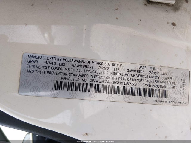 44934906 :رقم المزاد ، 3VW587AJ9CM018753 vin ، 2012 Volkswagen Jetta Gli Autobahn مزاد بيع