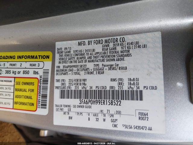 Ford FUSION SE 2014 3FA6P0H99ER158522 Image 9