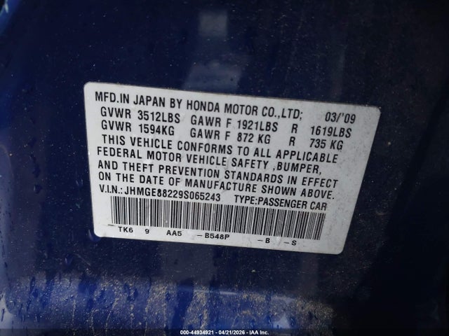 44934921 :رقم المزاد ، JHMGE88229S065243 vin ، 2009 Honda Fit مزاد بيع