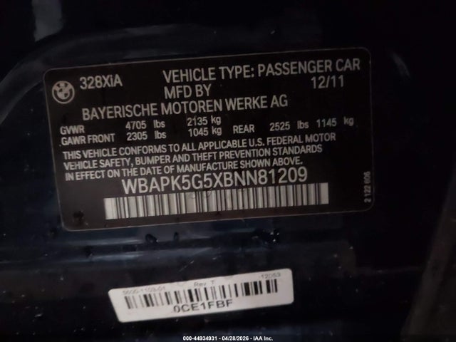 44934931 :رقم المزاد ، WBAPK5G5XBNN81209 vin ، 2011 Bmw 328i Xdrive مزاد بيع