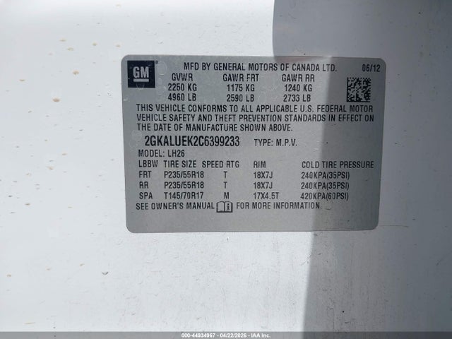 Aukcja sprzedaży 2012 Gmc Terrain Slt-1, vin: 2GKALUEK2C6399233, numer aukcji: 44934967