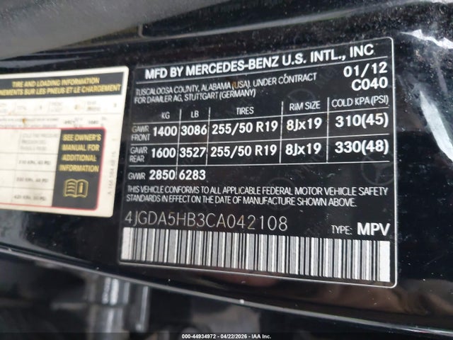44934972 :رقم المزاد ، 4JGDA5HB3CA042108 vin ، 2012 Mercedes-benz Ml 350 4matic مزاد بيع