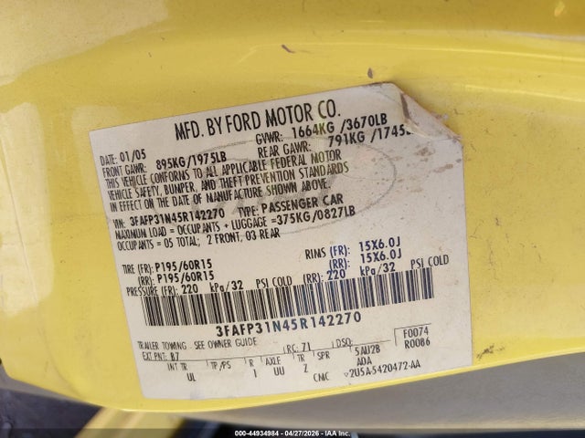 Aukcja sprzedaży 2005 Ford Focus Zx3, vin: 3FAFP31N45R142270, numer aukcji: 44934984