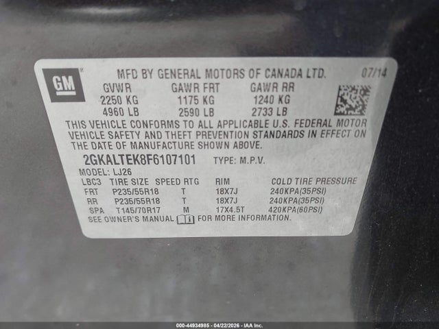 Продаж на аукціоні авто 2015 Gmc Terrain Slt-2, vin: 2GKALTEK8F6107101, номер лоту: 44934985