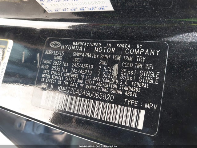Продажа на аукционе авто 2016 Hyundai Tucson Limited, vin: KM8J3CA24GU065820, номер лота: 44934990