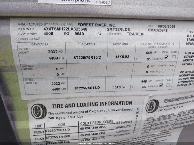 44934997 :رقم المزاد ، 4X4TSMH22LA325648 vin ، 2020 Forest River Other مزاد بيع