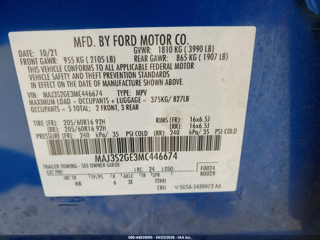Продажа на аукционе авто 2021 Ford Ecosport Se, vin: MAJ3S2GE3MC446674, номер лота: 44935000