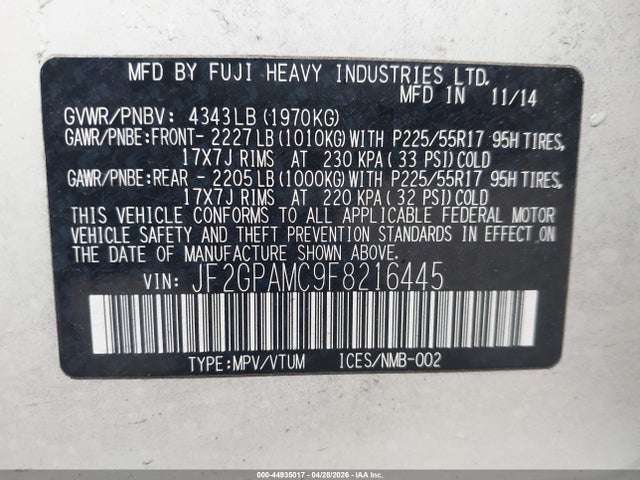 Aukcja sprzedaży 2015 Subaru Xv Crosstrek 2.0i Limited, vin: JF2GPAMC9F8216445, numer aukcji: 44935017