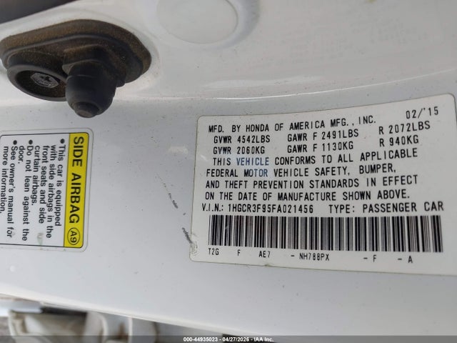 2015 Honda Accord Touring მანქანა იყიდება აუქციონზე, vin: 1HGCR3F95FA021456, აუქციონის ნომერი: 44935023