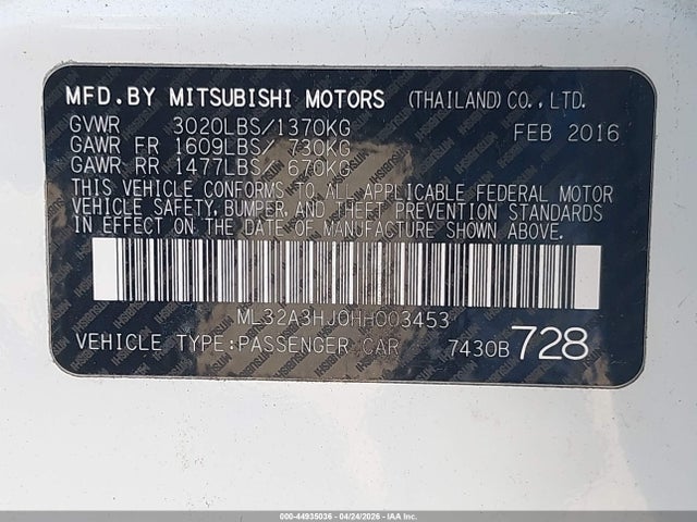 Продаж на аукціоні авто 2017 Mitsubishi Mirage Es, vin: ML32A3HJ0HH003453, номер лоту: 44935036