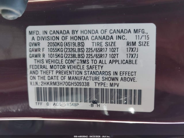 2HKRM3H70GH509338 Honda Cr-v Ex-l