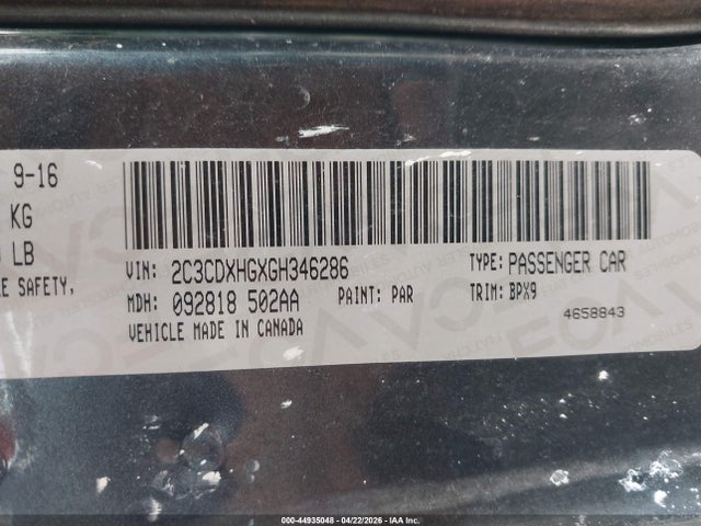 Продажа на аукционе авто 2016 Dodge Charger Sxt, vin: 2C3CDXHGXGH346286, номер лота: 44935048
