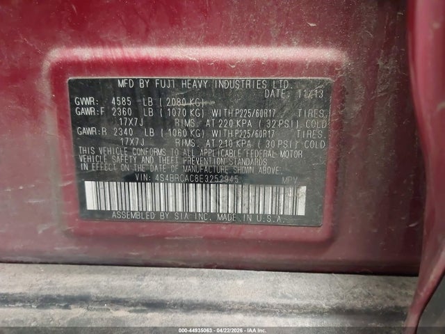 2014 Subaru Outback 2.5i მანქანა იყიდება აუქციონზე, vin: 4S4BRCAC8E3252945, აუქციონის ნომერი: 44935063