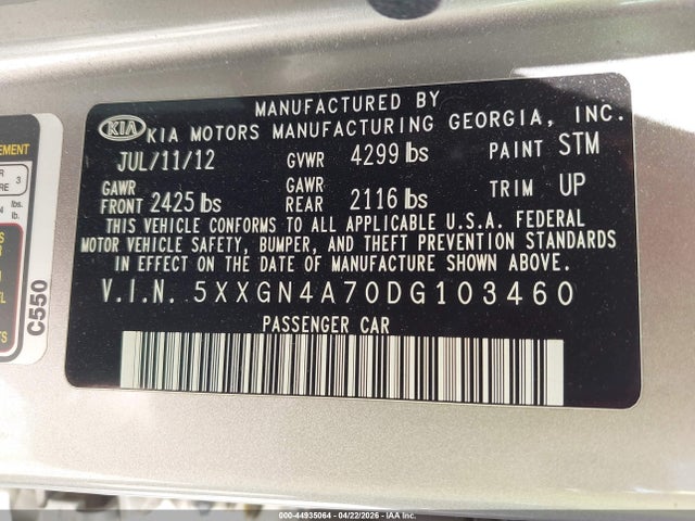 44935064 :رقم المزاد ، 5XXGN4A70DG103460 vin ، 2013 Kia Optima Ex مزاد بيع