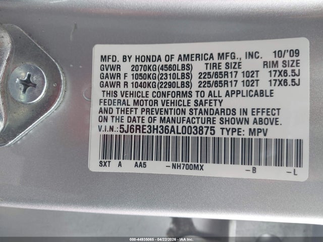 2010 Honda Cr-v Lx მანქანა იყიდება აუქციონზე, vin: 5J6RE3H36AL003875, აუქციონის ნომერი: 44935065