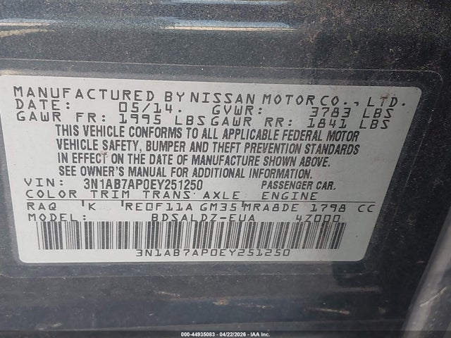 2014 Nissan Sentra Fe+ S/fe+ Sv/s/sl/sr/sv მანქანა იყიდება აუქციონზე, vin: 3N1AB7AP0EY251250, აუქციონის ნომერი: 44935083