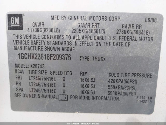 Aukcja sprzedaży 2008 Chevrolet Silverado 2500hd Lt1, vin: 1GCHK23618F209376, numer aukcji: 44935086