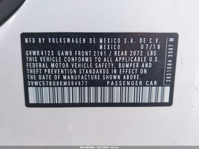 Auction sale of the 2019 Volkswagen Jetta 1.4t R-line/1.4t S/1.4t Se, vin: 3VWC57BU8KM064677, lot number: 44935098