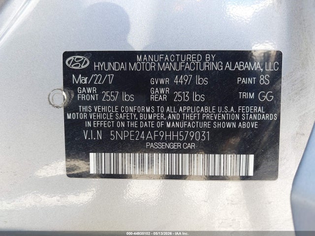 Aukcja sprzedaży 2017 Hyundai Sonata, vin: 5NPE24AF9HH579031, numer aukcji: 44935102