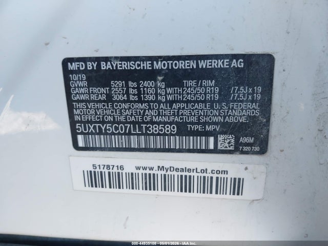 2020 Bmw X3 Xdrive30i მანქანა იყიდება აუქციონზე, vin: 5UXTY5C07LLT38589, აუქციონის ნომერი: 44935108