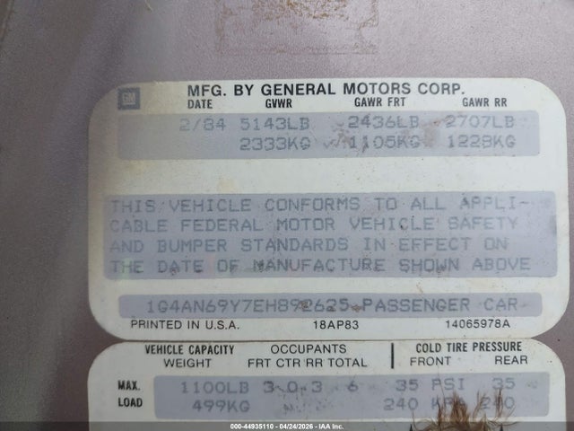 Aukcja sprzedaży 1984 Buick Lesabre Custom, vin: 1G4AN69Y7EH892625, numer aukcji: 44935110
