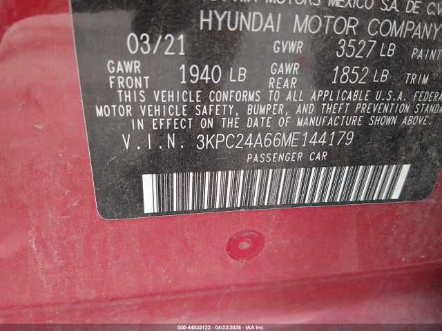 2021 Hyundai Accent Se მანქანა იყიდება აუქციონზე, vin: 3KPC24A66ME144179, აუქციონის ნომერი: 44935123