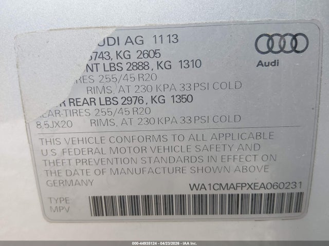 44935124 :رقم المزاد ، WA1CMAFPXEA060231 vin ، 2014 Audi Q5 3.0 Tdi Premium Plus مزاد بيع