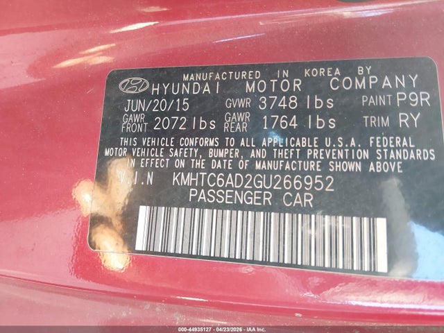 2016 Hyundai Veloster მანქანა იყიდება აუქციონზე, vin: KMHTC6AD2GU266952, აუქციონის ნომერი: 44935127