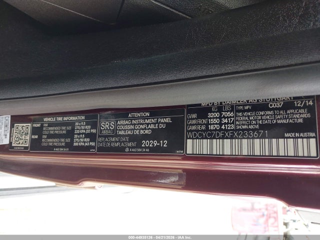 Aukcja sprzedaży 2015 Mercedes-benz G 63 Amg 4matic, vin: WDCYC7DFXFX233671, numer aukcji: 44935126