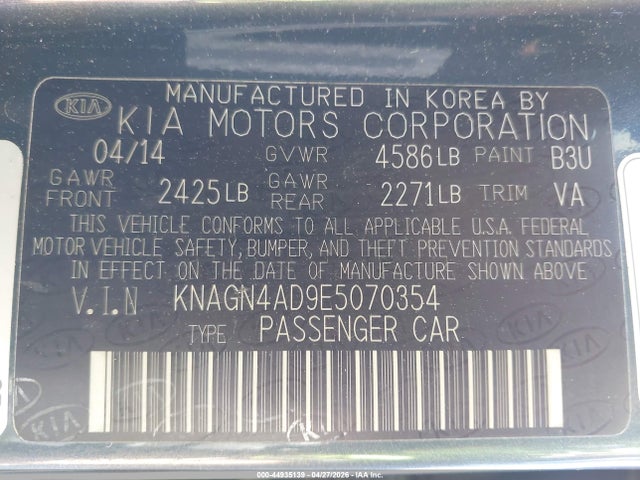 44935139 :رقم المزاد ، KNAGN4AD9E5070354 vin ، 2014 Kia Optima Hybrid Ex مزاد بيع