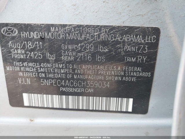 Aukcja sprzedaży 2012 Hyundai Sonata Se, vin: 5NPEC4AC6CH359034, numer aukcji: 44935141