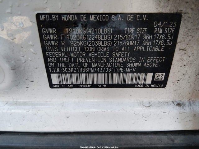 Aukcja sprzedaży 2023 Honda Hr-v 2wd Lx, vin: 3CZRZ1H36PM743703, numer aukcji: 44935169