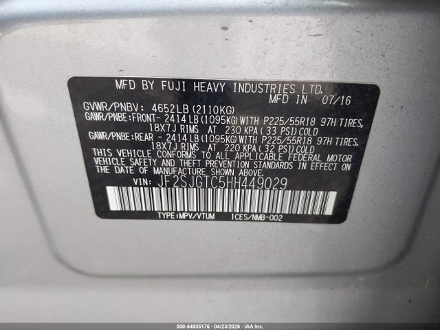 2017 Subaru Forester 2.0xt Touring მანქანა იყიდება აუქციონზე, vin: JF2SJGTC5HH449029, აუქციონის ნომერი: 44935176