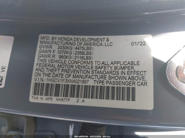 44935184 :رقم المزاد ، 1HGCV1F3XNA021897 vin ، 2022 Honda Accord Sport مزاد بيع