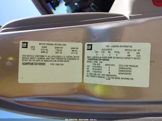 2002 Buick Lesabre Custom მანქანა იყიდება აუქციონზე, vin: 1G4HP54K724168958, აუქციონის ნომერი: 44935185