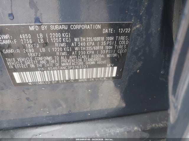 Auction sale of the 2023 Subaru Outback Limited, vin: 4S4BTANC3P3163321, lot number: 44935195
