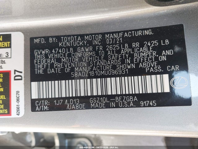 Продажа на аукционе авто 2021 Lexus Es 350, vin: 58ADZ1B10MU096931, номер лота: 44935196