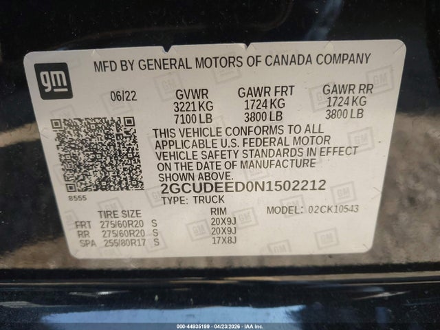 Aukcja sprzedaży 2022 Chevrolet Silverado 1500 4wd  Short Bed Rst, vin: 2GCUDEED0N1502212, numer aukcji: 44935199