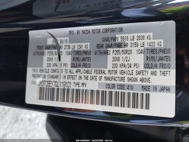 44935201 :رقم المزاد ، JM3TCBEY7G0119101 vin ، 2016 Mazda Cx-9 Signature مزاد بيع