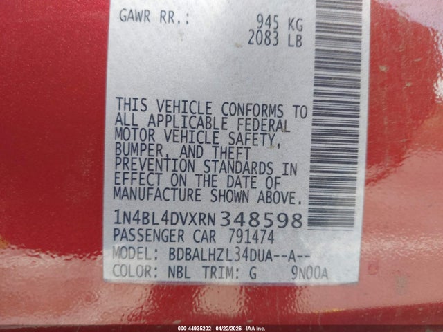 Продажа на аукционе авто 2024 Nissan Altima Sv Fwd, vin: 1N4BL4DVXRN348598, номер лота: 44935202