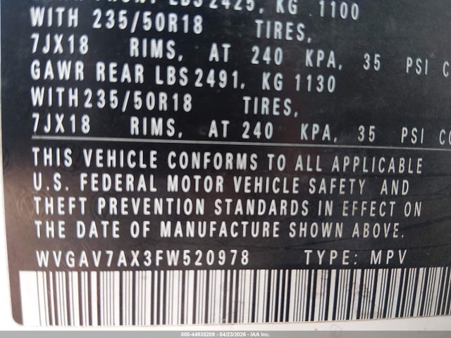 WVGAV7AX3FW520978 Volkswagen TIGUAN SE