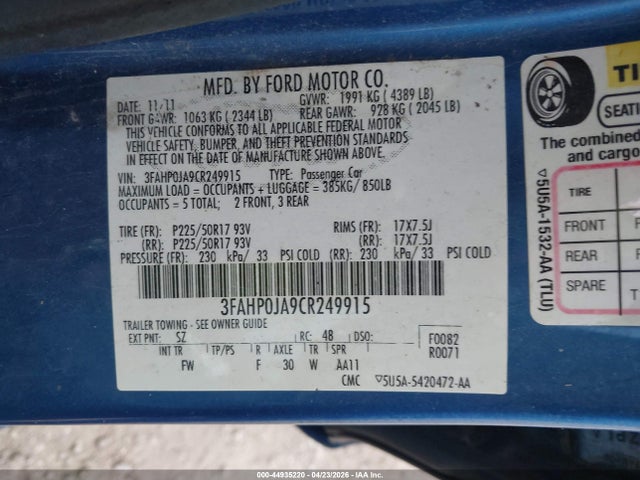 44935220 :رقم المزاد ، 3FAHP0JA9CR249915 vin ، 2012 Ford Fusion Sel مزاد بيع