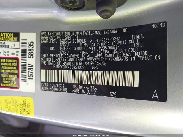 44935226 :رقم المزاد ، 5TDKK3DC4ES421023 vin ، 2014 Toyota Sienna Le V6 8 Passenger مزاد بيع
