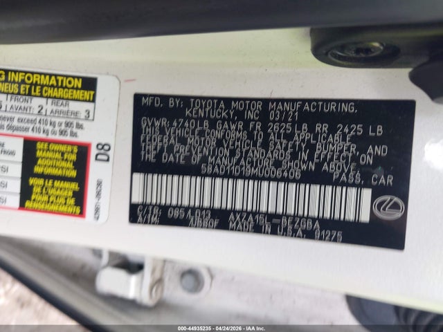 Aukcja sprzedaży 2021 Lexus Es 250, vin: 58AD11D19MU006406, numer aukcji: 44935235