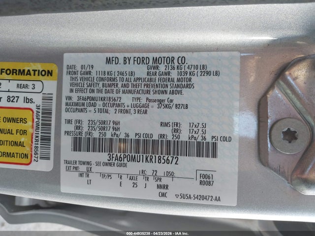 Ford Fusion Hybrid Sel 2019 3FA6P0MU1KR185672 Image 9
