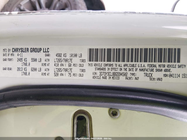 44935240 :رقم المزاد ، 3D73Y3CL8BG594502 vin ، 2011 Ram Ram 3500 St مزاد بيع