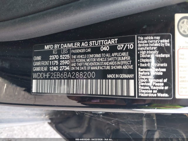 Aukcja sprzedaży 2011 Mercedes-benz E 350 Bluetec, vin: WDDHF2EB6BA288200, numer aukcji: 44935249