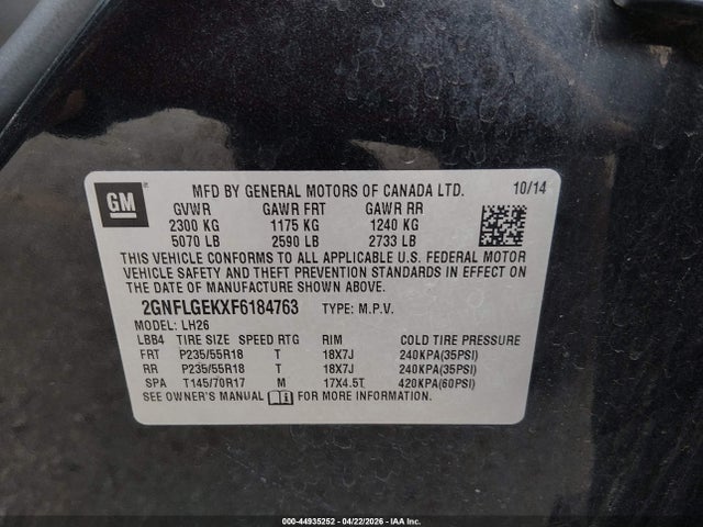 Продажа на аукционе авто 2015 Chevrolet Equinox 2lt, vin: 2GNFLGEKXF6184763, номер лота: 44935252