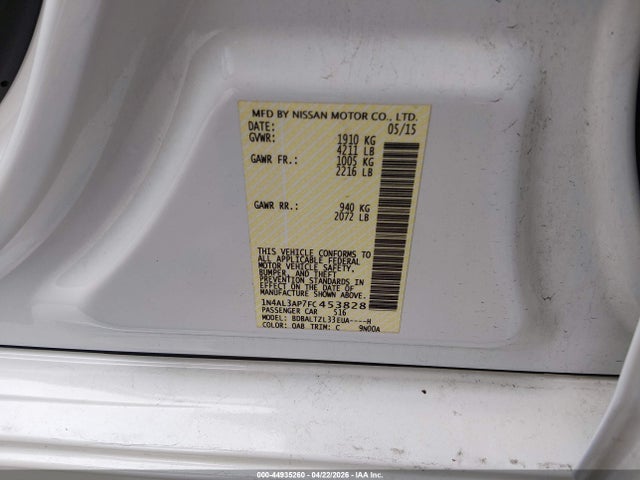 Продажа на аукционе авто 2015 Nissan Altima 2.5 Sl, vin: 1N4AL3AP7FC453828, номер лота: 44935260